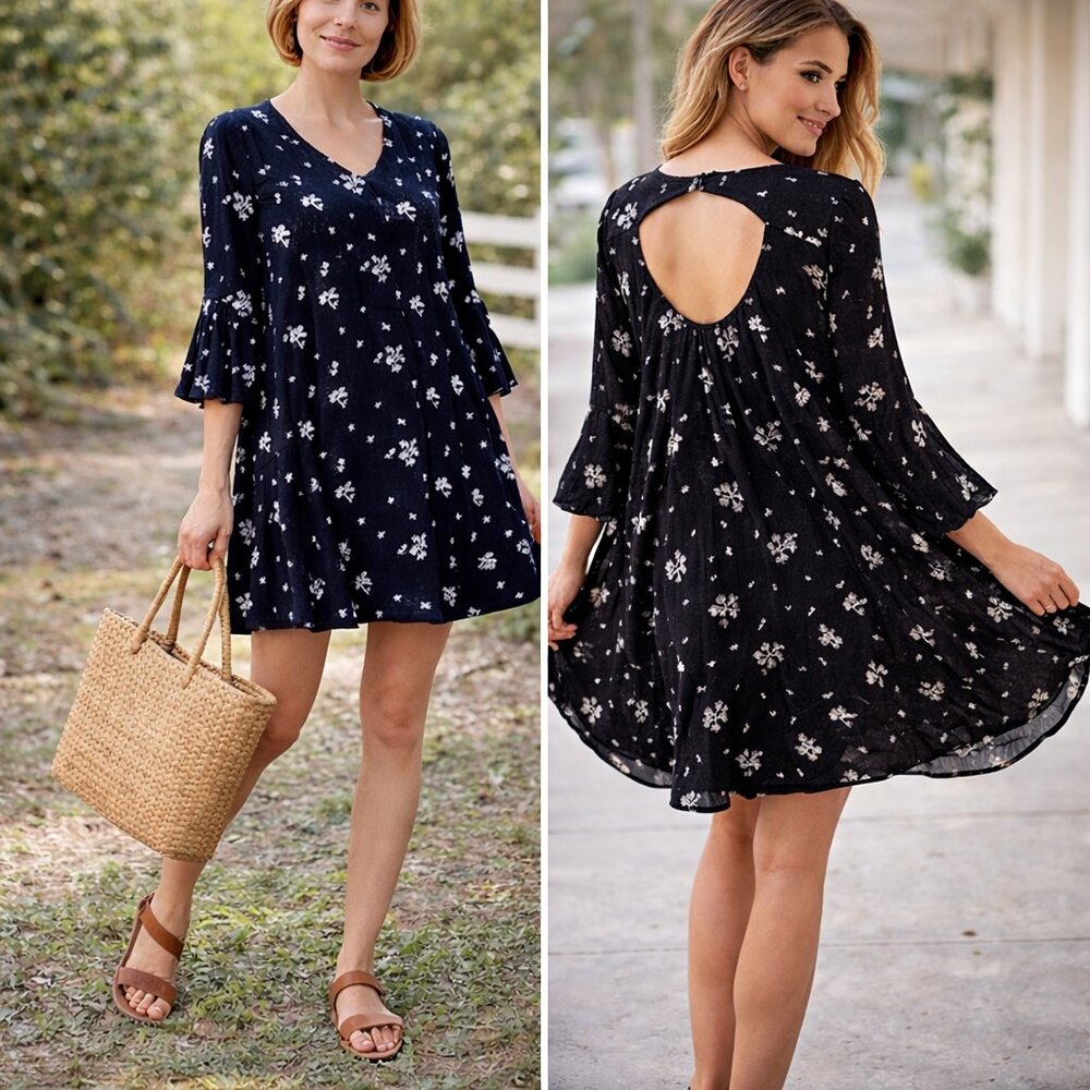 Jodifl Babydoll Gauze Swing Dress black/white Floral Flowy Tunic Festival Medium
